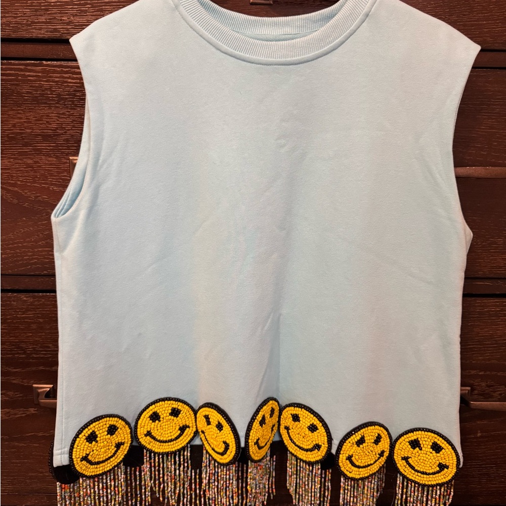 Sleeveless Top with Smiley Face Fringe
